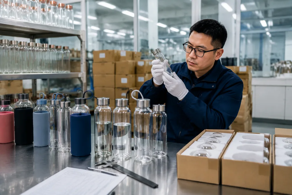 Suppliers glass water bottle spec sheet for wellness retail buyers