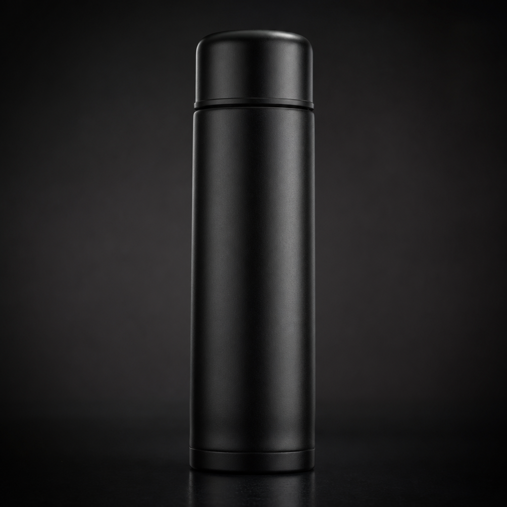 Matte black stainless steel vacuum insulated thermos, front three-quarter view